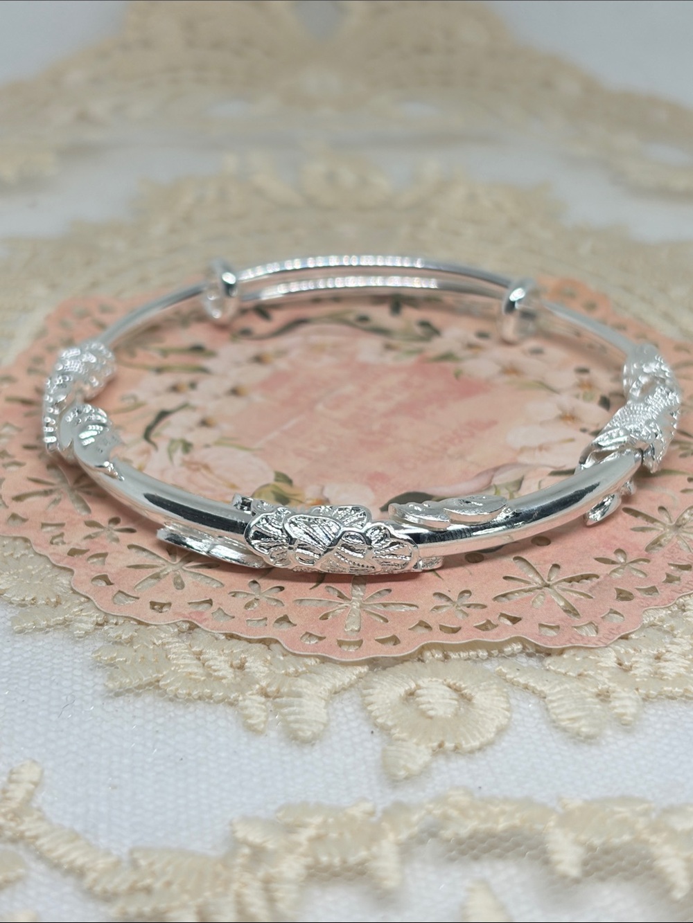 925 Sterling Silver Expandable Floral Bypass Bangle Cottagecore French Market